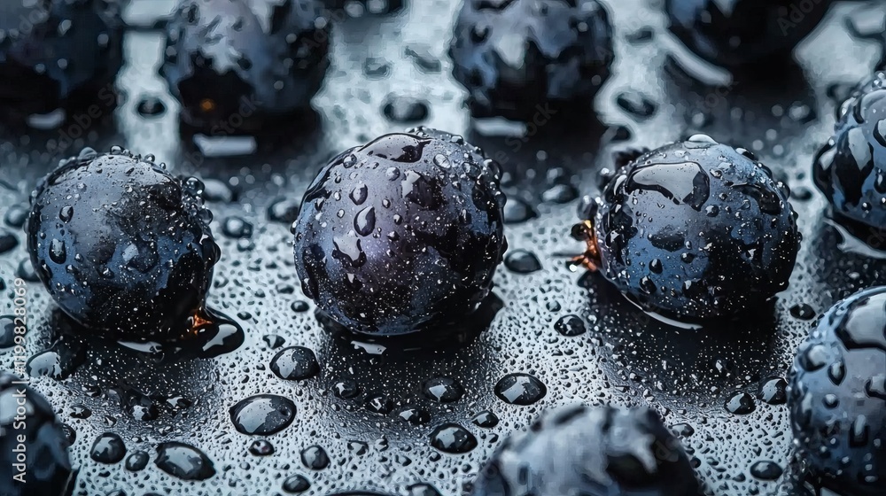 Poster isolated of freshly washed black grapes with water droplets visible arranged on a flat white surface