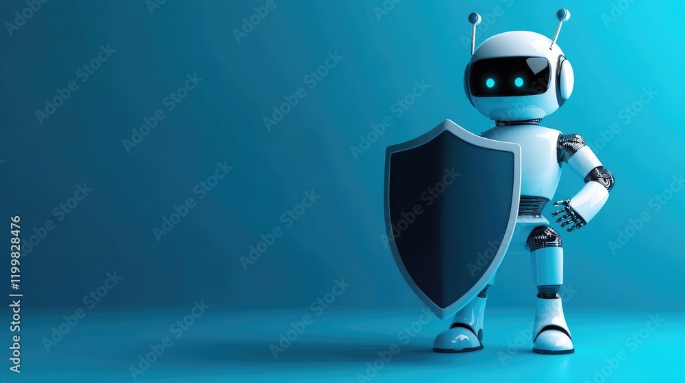 Aufkleber cybersecurity and online data protection background, robot with a shield on a blue background
