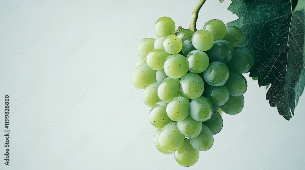Poster Isolated of a single bunch of green seedless grapes hanging vertically on a white background Stock Photo with side copy space