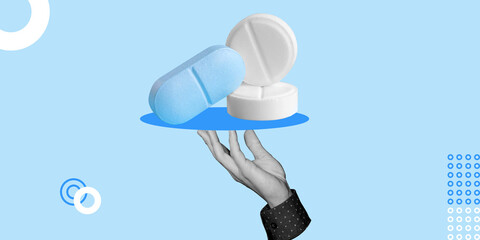 Hand holding a tray with pills and tablets, symbolizing healthcare, medical treatment, or...