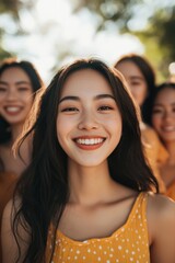 Fototapeta premium AAPI Women's Equal Pay Day Group of young asian women smiling outdoors in sunlit park