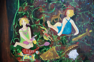 Genre painting children with toys. Historical fine art illustration.