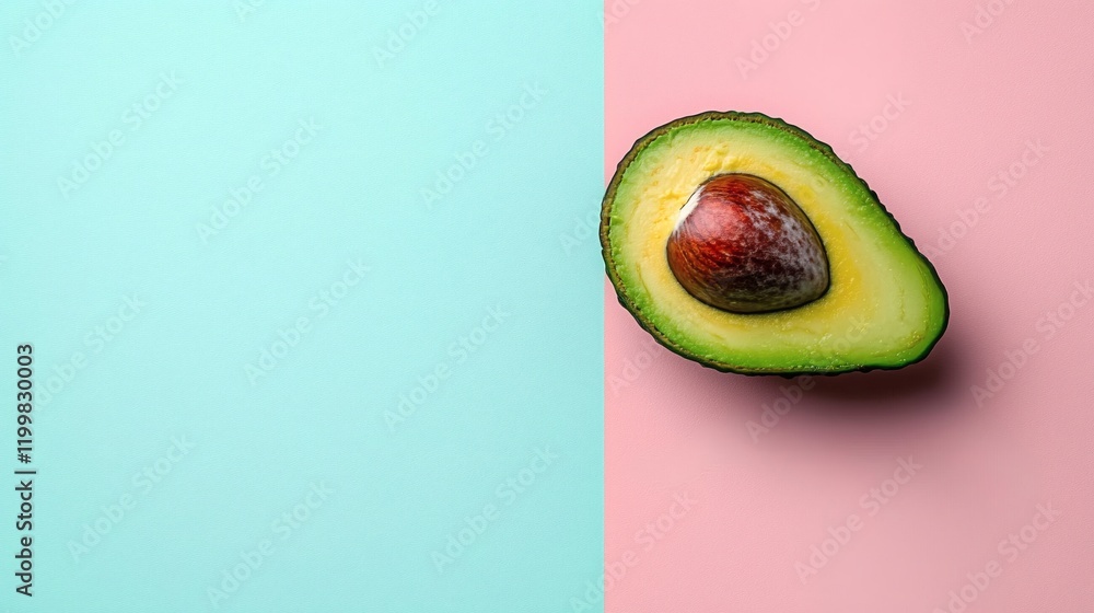Poster isolated of halved avocado showing the creamy interior and large seed placed neatly against white st