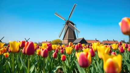 Dutch Village Windmill Tulip Field - Artistic Photorealistic
