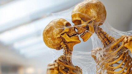Skeletal Embrace: A macabre yet romantic depiction of two skeletons locked in an embrace, their bony forms intertwined amidst a delicate spiderweb, creating a visually striking contrast between