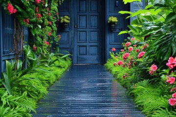 A blue door with a red trim sits in front of a lush green garden