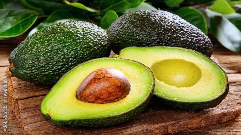Aufkleber isolated of a single avocado cut open to expose its soft green flesh and perfectly round seed stock 