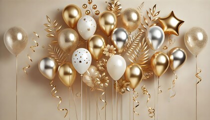 Obraz premium Festive and elegant layout with a collection of gold, silver, and white balloons clustered at the top