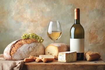 Naklejka premium A rustic scene featuring a bottle of wine, a loaf of fresh bread, and a block of cheese on a wooden picnic table