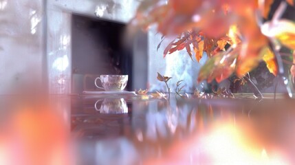 Cozy tea vibes autumn leaves high-resolution textures warm indoor setting close-up view serene atmosphere