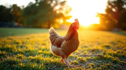 Fototapeta premium Free-Range Brown Chicken on Farm at Sunset - Agriculture Nature Farm Scene