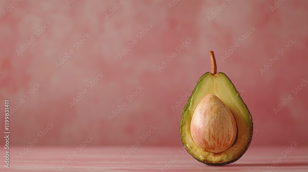 Aufkleber isolated of a single avocado cut open to expose its soft green flesh and perfectly round seed stock 