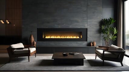 Mediterranean-inspired fireplace design, polyurethane stone panels in terracotta tones, 