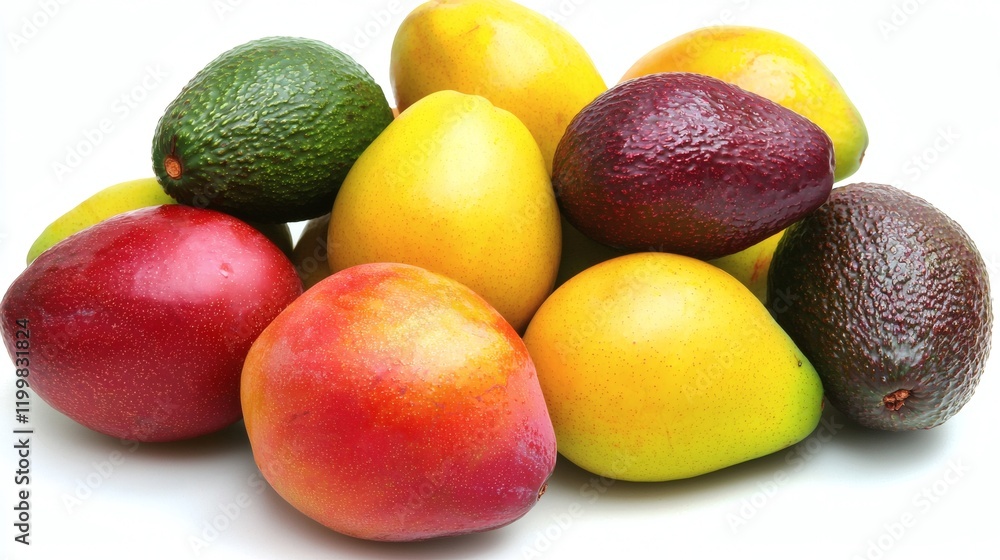 Poster isolated of multiple avocados with a mixture of whole and halved fruits on a clean white surface sto