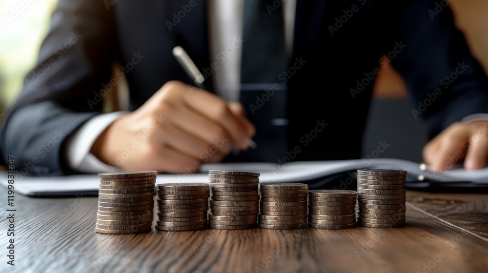 Poster a businessman writes notes while analyzing a stack of coins, signifying financial growth and investm