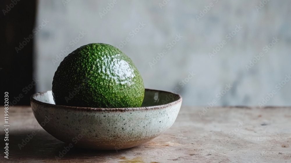 Aufkleber isolated of an avocado resting on a small ceramic dish with its natural texture highlighted against 