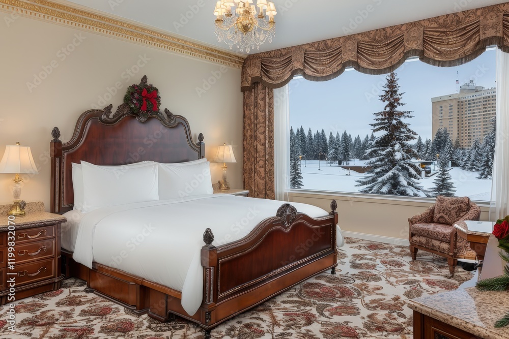 Poster a large bed with a red and white headboard and a window with a tree outside