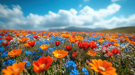 Obraz premium A meadow of vibrant wildflowers stretching endlessly under a bright spring sky