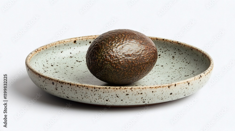 Poster isolated of an avocado resting on a small ceramic dish with its natural texture highlighted against 