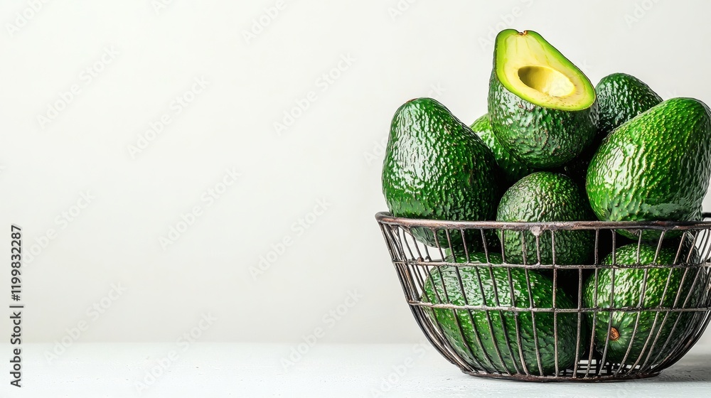 Poster isolated of fresh avocados stacked in a metal basket placed on a pure white background stock photo w