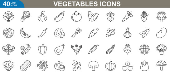 Vegetables line icons set. Related healthy eating, farm fresh, vegan and more. Collection of Fresh Produce Graphics for Creative and Branding Projects. Vector illustration.