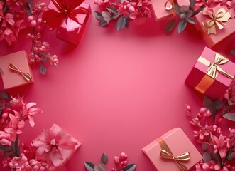 Obraz premium Valentine's Day background with gift boxes and flowers on a pink color, flat lay top view. Love concept. Greeting card template for a Happy Mother's Day banner.