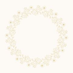 Golden floral frame, wreath on light background. Floral template for invitation, birthday, Mothers day, Valentines day, social media post, greeting card.