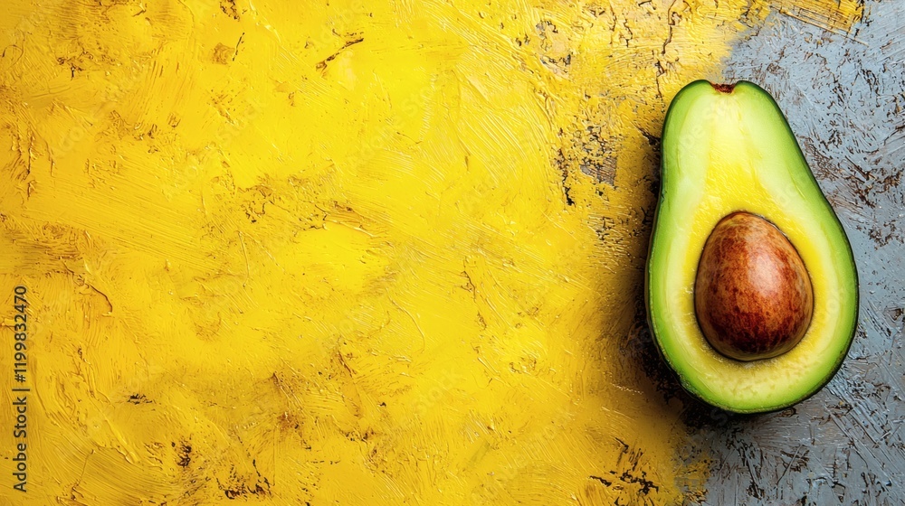 Poster isolated of a halved avocado with the seed removed and the smooth interior flesh fully visible stock