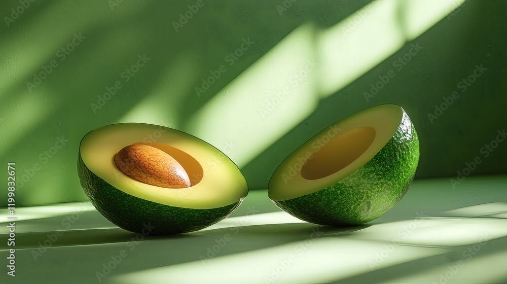 Poster isolated of a halved avocado with the seed removed and the smooth interior flesh fully visible stock
