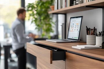 Modern office desk with open drawer, laptop, and stationery.