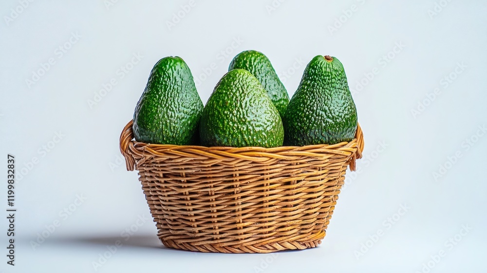 Poster Isolated of a collection of avocados neatly arranged in a wicker basket on a solid white background Stock Photo with side copy space