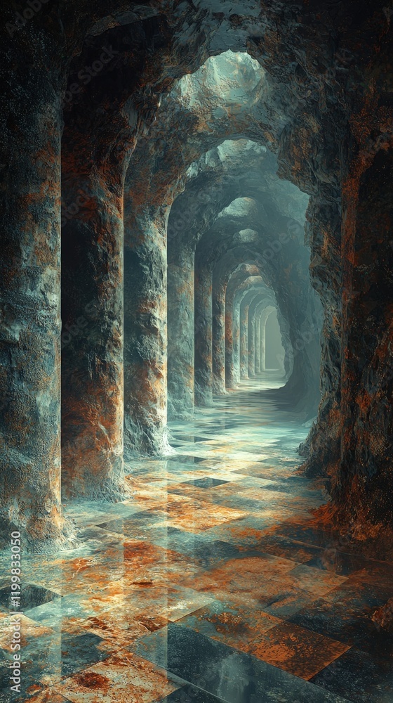 Poster a mystical cavern with towering pillars and a checkered floor creates a mysterious atmosphere. ideal