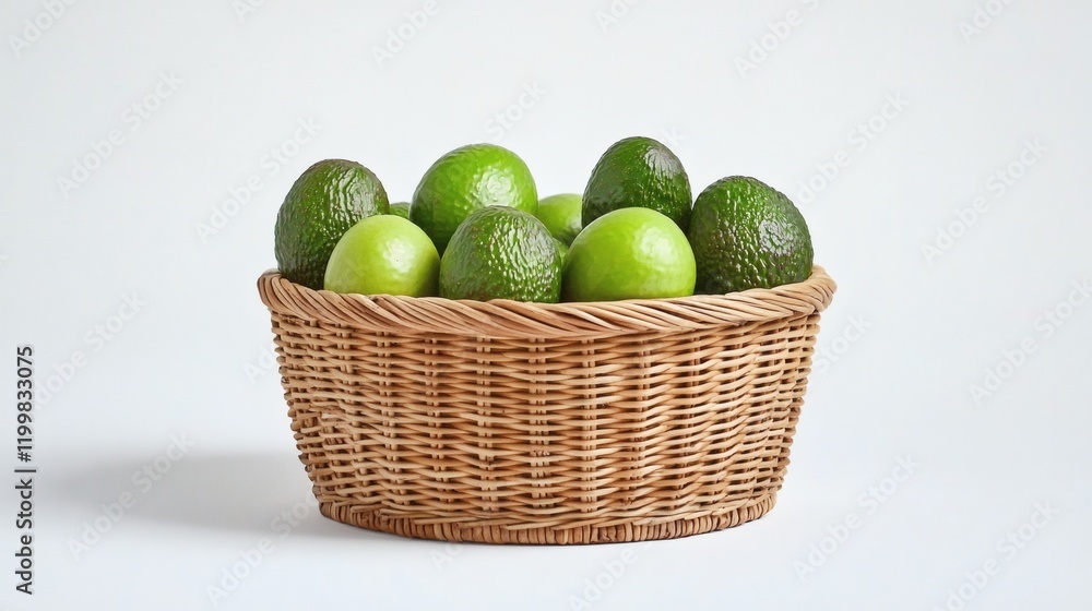 Aufkleber Isolated of a collection of avocados neatly arranged in a wicker basket on a solid white background Stock Photo with side copy space
