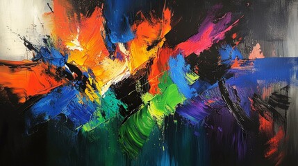 Vibrant abstract artwork featuring bold colors and dynamic brush strokes on a dark background