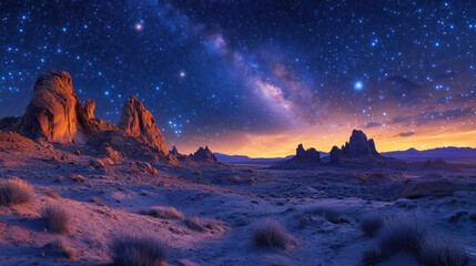 Obraz premium A sprawling desert with unique rock formations and a clear star-filled night sky
