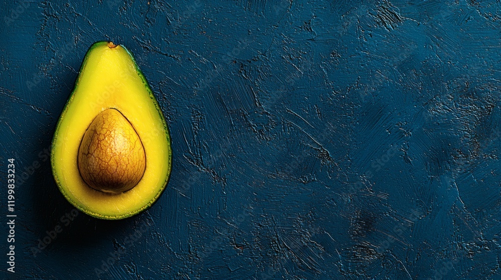 Poster isolated of a single avocado cut lengthwise to showcase the bright green flesh and round seed stock 