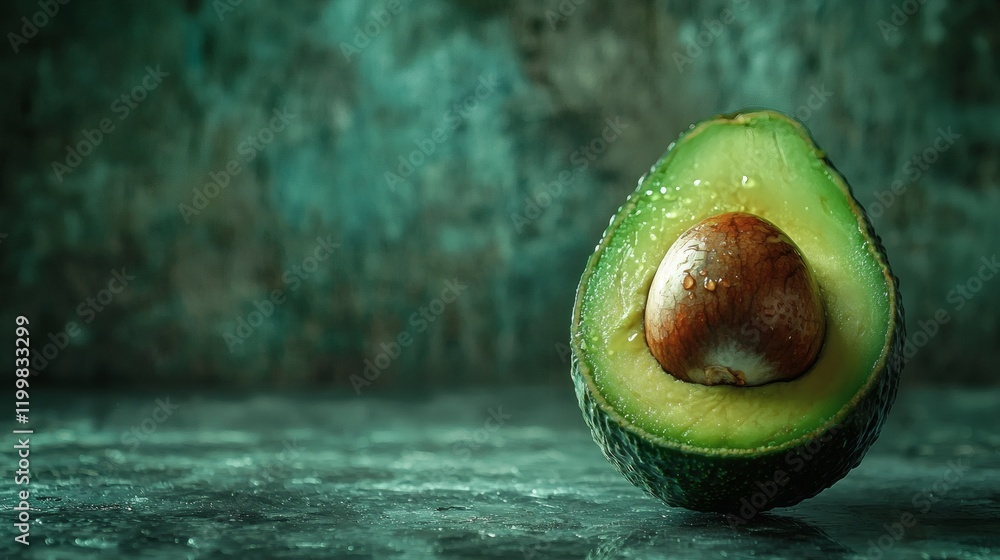 Poster isolated of a single avocado cut lengthwise to showcase the bright green flesh and round seed stock 