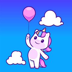 Adorable unicorn holding a balloon flying in a bright sky.
