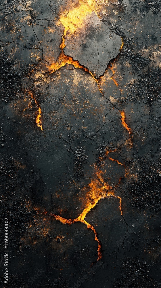 Poster fiery cracks and ashes texture abstract background high-resolution detail dark environment close-up 