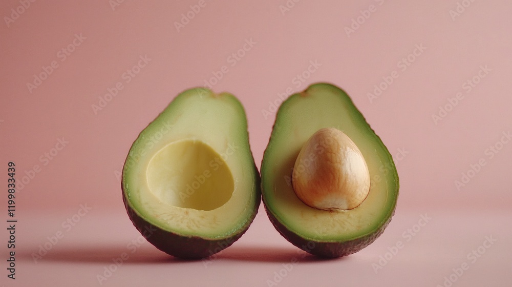 Poster isolated of a single avocado cut lengthwise to showcase the bright green flesh and round seed stock 