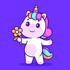 Cheerful unicorn holding a yellow flower with a purple background.