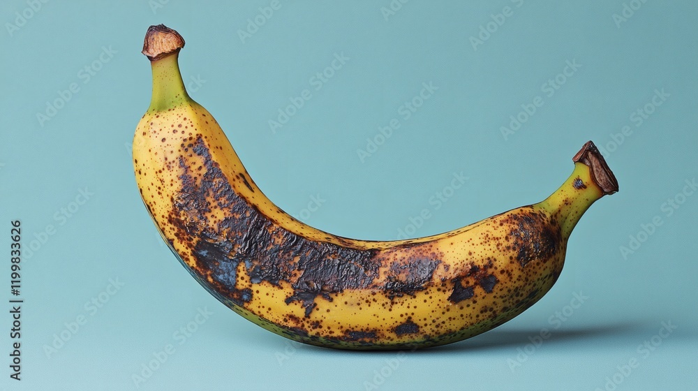 Poster Isolated of a single ripe banana placed on a white background with clear vibrant details Stock Photo with side copy space