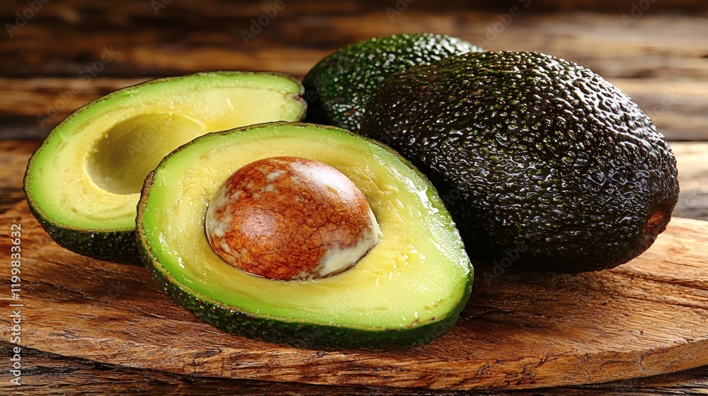 Poster isolated of a neatly halved avocado with smooth creamy flesh and seed intact placed on a seamless wh