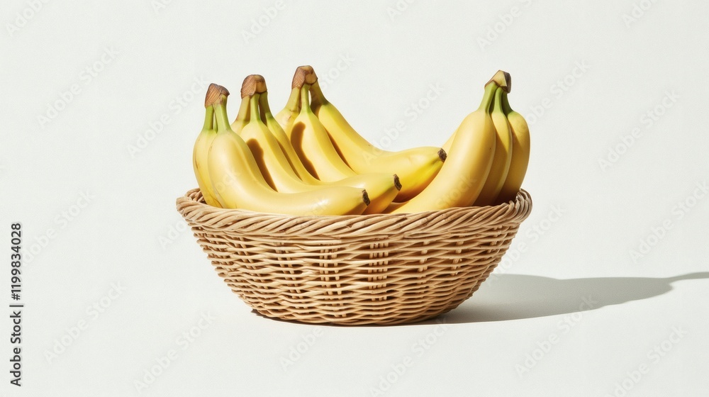 Poster Isolated of a group of bananas neatly arranged in a wicker basket on a white background Stock Photo with side copy space