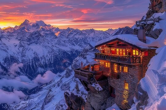 A mountain cabin with a view of the mountains and a sunset in the background