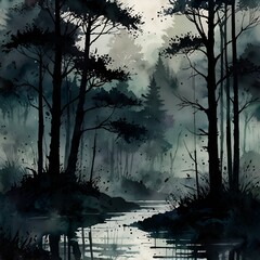 Mysterious twilight descends on a tranquil forest with a gentle stream reflecting the dusk. Generative AI