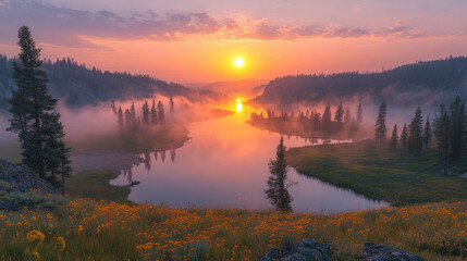 Fototapeta premium Yellowstone National Park Hayden Valley at sunrise, with mist rolling over the river and wildlife stirring