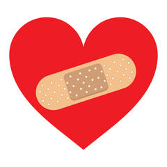 Red Heart fixed with a plaster patch, vector illustration icon or logo, fixed broken heart concept, breakup or divorce, heartbreak regret, separated couple, tragic love.