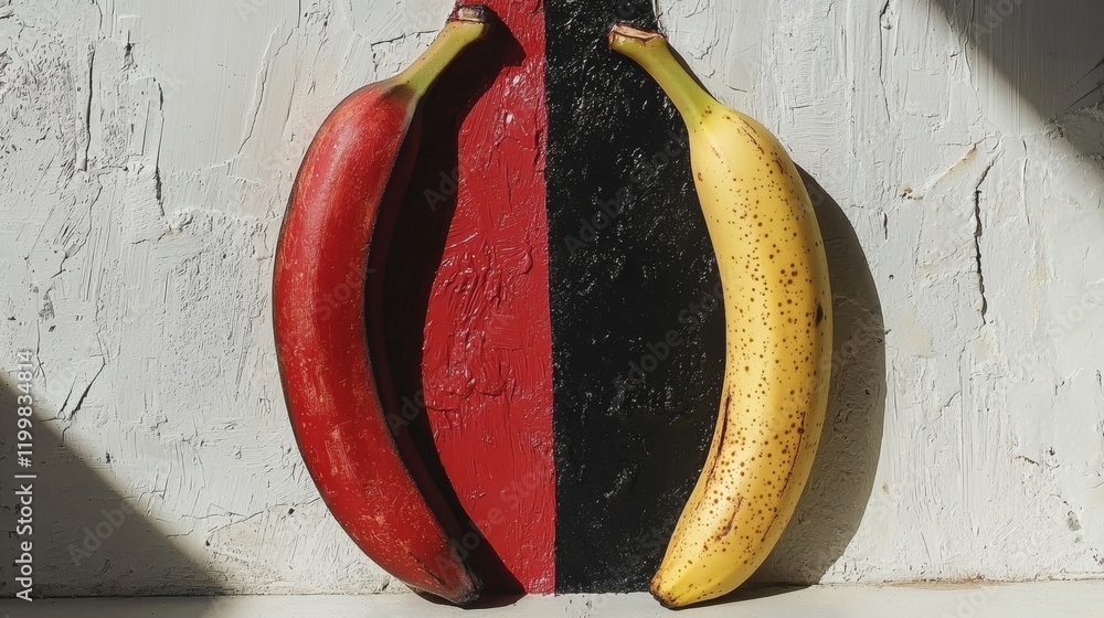 Poster isolated of a ripe banana split in half to reveal the interior texture on a plain white backdrop sto