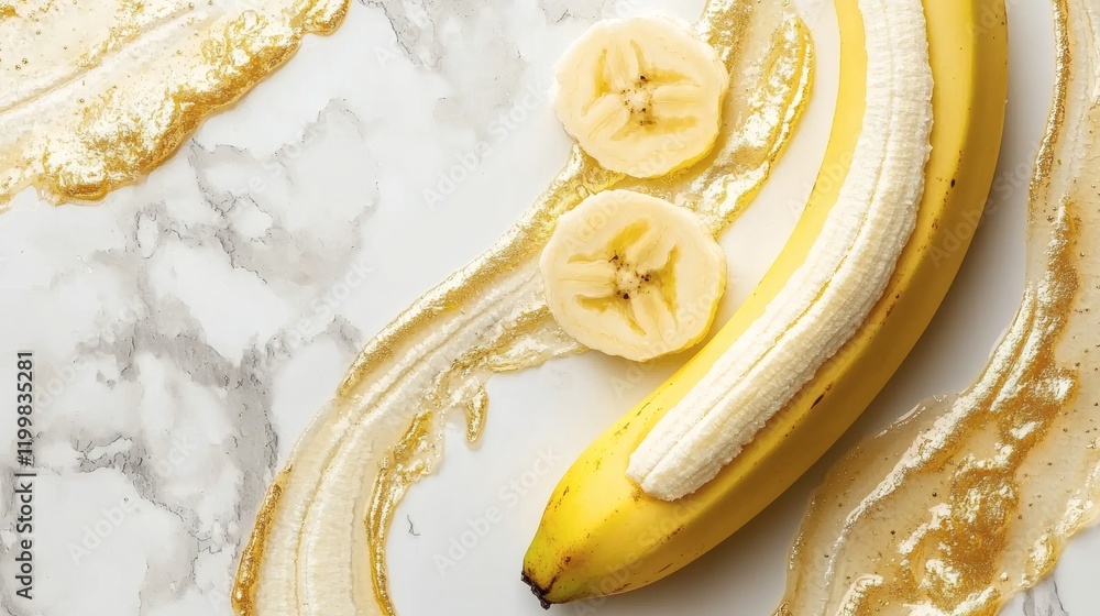 Poster isolated of a banana peel elegantly curled and positioned on a white seamless surface stock photo wi